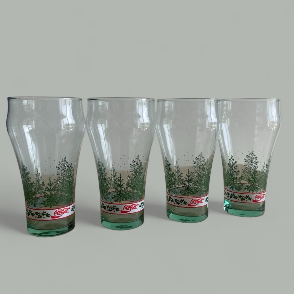 Libby Coca Cola Winter Holiday Pine Tree Drinking Glasses Vintage - Set of 4